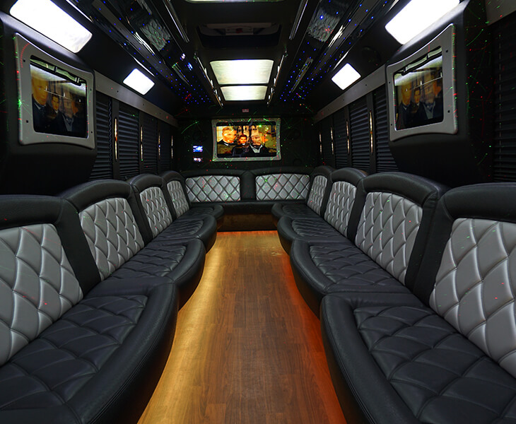 party bus interior with plasma tvs